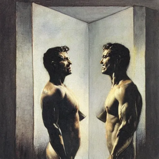 Prompt: a man looking in a mirror, frank frazetta