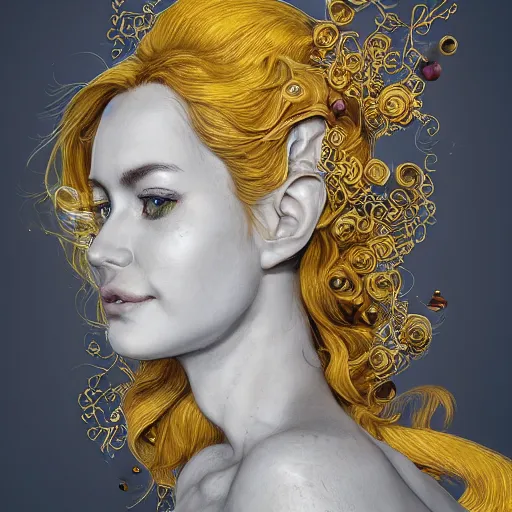 Image similar to the portrait of an absurdly beautiful, graceful, elegant, sophisticated, mature vixen made up of lemons looking up, an ultrafine hyperdetailed illustration by kim jung gi, irakli nadar, intricate linework, bright colors, octopath traveler, final fantasy, unreal engine 5 highly rendered, global illumination, radiant light, detailed and intricate environment