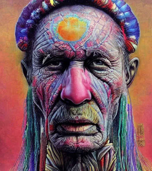 Image similar to Portrait painting in a style of Beksinski mixed with Alex Grey of an old shaman dressed in a colorful traditional clothes.