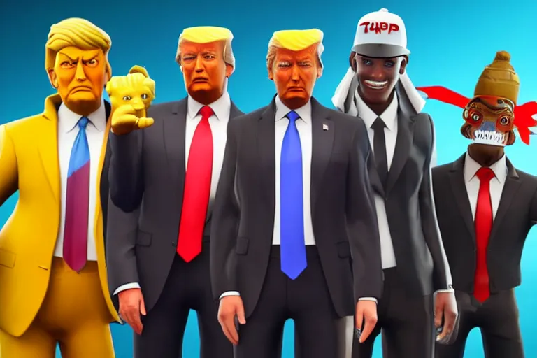 Image similar to Donald trump in Fortnite, skin selection screen, screenshot