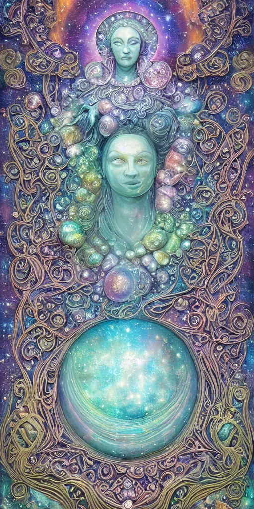 Image similar to intricate colourfully painted carved Soapstone relief paneling, iridescent, pearl and pale blue toned, celestial, cosmos, galaxies, planets, divinity, moon goddess, mother earth, Earth Goddess mythology, Gaia, angels, dream atmosphere, bright colors, vivid colors, Ghostly, crystaline celtic, insanly detailed , artstation, wallpaper, hyper realistic, realistic lighting