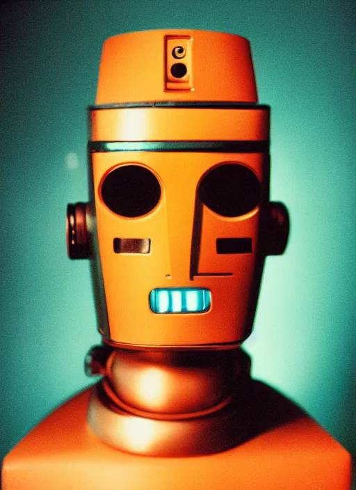 Image similar to a portrait photograph of a robot head designed by quentin trantino, 3 5 mm, color film camera,