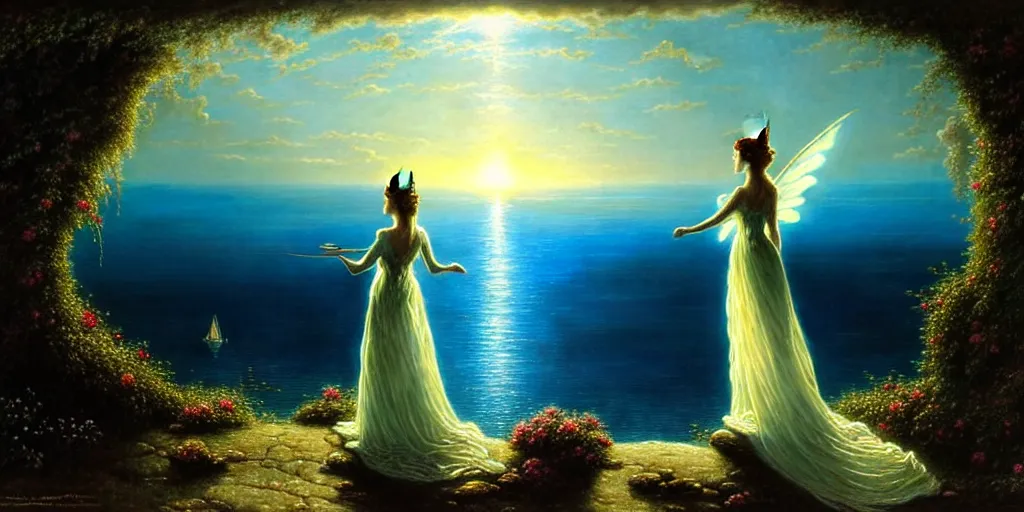 Prompt: an elegant fairy queen in a blue lace dress dancing looking out at a lord of the rings scenery landscape, staring across the sea at a white sail boat, sunrise, god's rays highly detailed, vivid colour, soft clouds, floral sunset, cinematic lighting, perfect composition, gustave dore, derek zabrocki, greg rutkowski, belsinski