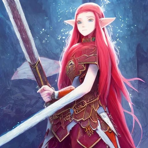 Image similar to a female elven cleric with red long hair in a very good beautiful heavy scale armor, wearing a cape, casting a fire spell, dungeon background, magical, bright, colorful, fantastic lighting, amazing details, 4 k uhd, illustration by hayao miyazaki and makoto shinkai and ilya kuvshinov, artstation, pixiv,