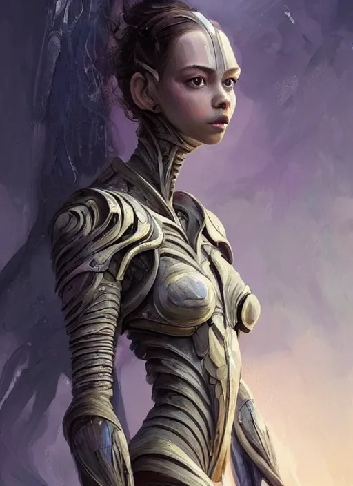 Image similar to a professional painting of a beautiful young female alien, clothed in ethereal armor, olive skin, long dark hair, beautiful bone structure, symmetrical facial features, intricate, elegant, digital painting, concept art, smooth, sharp focus, illustration, from Valerian and the City of a Thousand Planets, by Ruan Jia and Mandy Jurgens and Artgerm and William-Adolphe Bouguerea