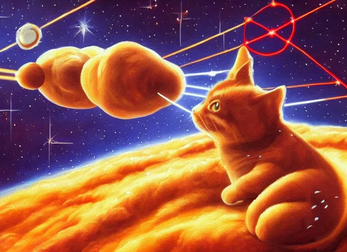 Image similar to giant cat shooting laser beams made of potato, in space, oil painting, detailed