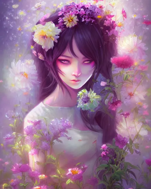 Image similar to a painting of a beautiful huggy wuggy surrounded by flowers, an ultrafine detailed painting by ross tran, centered full body, featured on deviantart, fantasy art, detailed painting, deviantart, anime