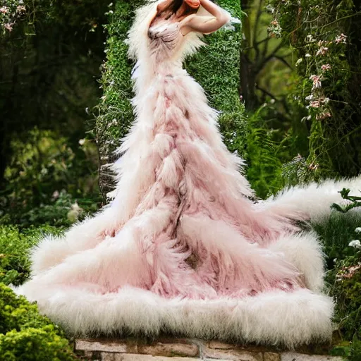Prompt: light pink wedding dress. with white large exotic large, exotic. flowers. of zigzag intricate pattern of green fluffy. herbs. in the fantasy style. dress with train. hyper - realistic photo.