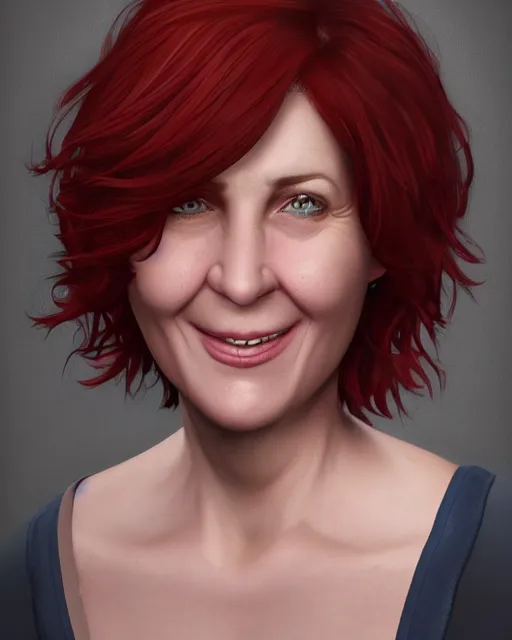 Image similar to portrait of happy short and plump 5 0 - year - old woman with red hair and, kind face, short hair, wearing in blouse, hyper realistic face, beautiful eyes, character art, art by mark brooks, hyperdetailed, cryengine, trending on artstation, digital art