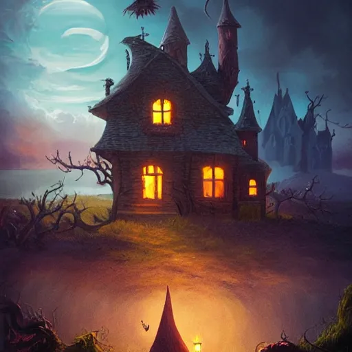 Image similar to a scary witch in front of a witche house made out of candy, floating on the ocean, epic scene, fantasy, cinematic, hyper - detailed, in the style of greg rutkowski