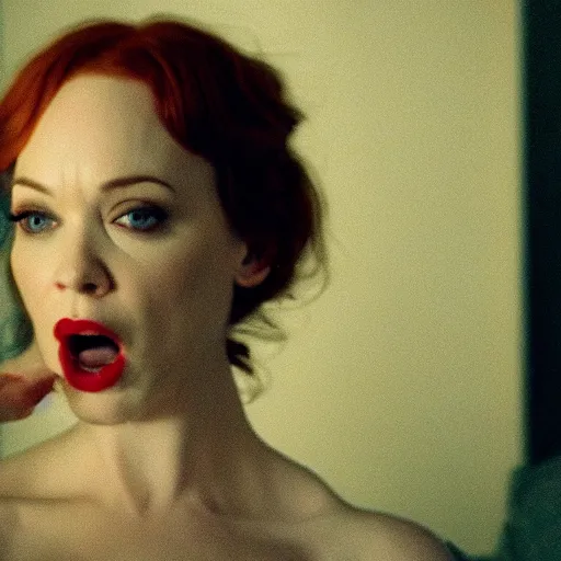 Image similar to amazing beautiful Christina Hendricks with mouth wide open in the living room, film still from the movie directed by Denis Villeneuve , wide lens