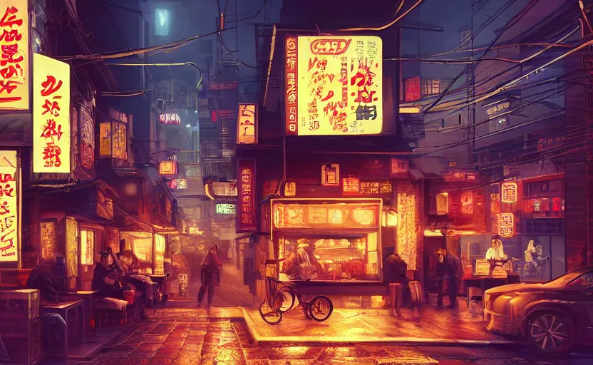 Prompt: a small cozy ramen restaurant in a busy thriving cyberpunk street at night, trending on cgsociety, unreal engine, 4 k wallpaper