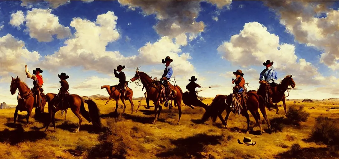 Prompt: painting of a strikingly beautiful blue sky with puffy white clouds over a western landscape, cowboys are having a shootout by eugene von guerard, ivan shishk, rosa bonheurn, john singer sargent, 4 k