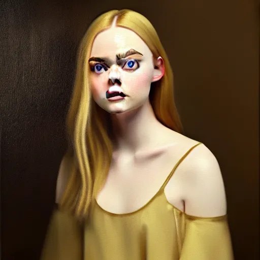 Prompt: portrait of elle fanning and a gold fish in a dark room, detailed realism face in painting, detailed beautiful portrait, oil painting masterpiece, 8 k resolution, smooth, sharp focus, trending on artstation, by rembrandt