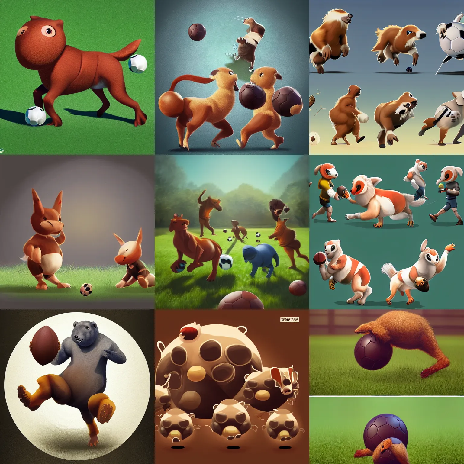 Prompt: round animals playing football, artstation