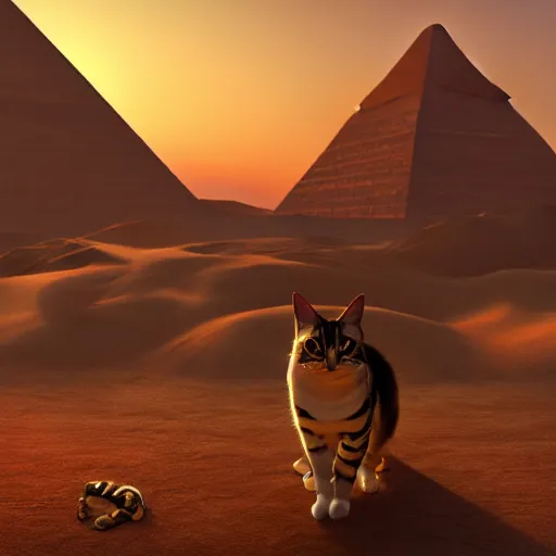 Image similar to egyptian cat, golden hour, fantasy, sharp focus, digital art, hyper realistic, 4 k, unreal engine, highly detailed, hd, dramatic lighting by brom, trending on artstation