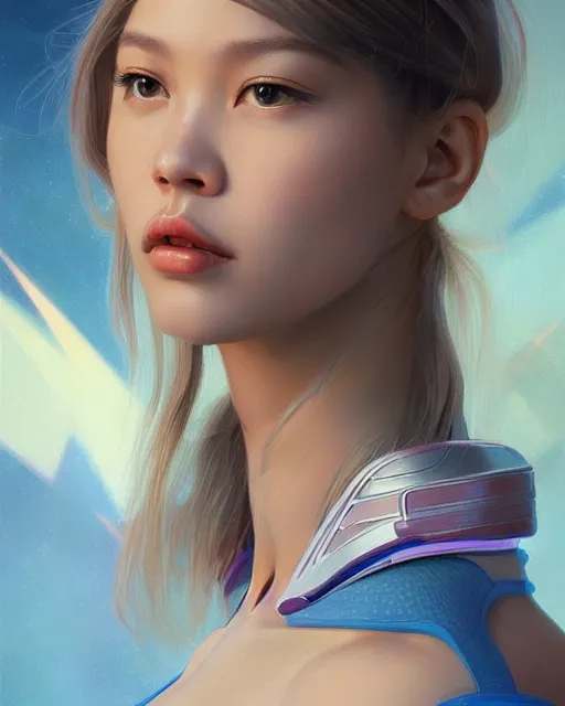 Image similar to portrait of Lalisa Manobal as futuristic airforce, inside future fighter, sci-fi, fantasy, intricate, very feminine, elegant, human anatomy, royal pink and blue light, highly detailed, digital painting, artstation, concept art, smooth, sharp focus, illustration, art by tian zi and WLOP and alphonse mucha