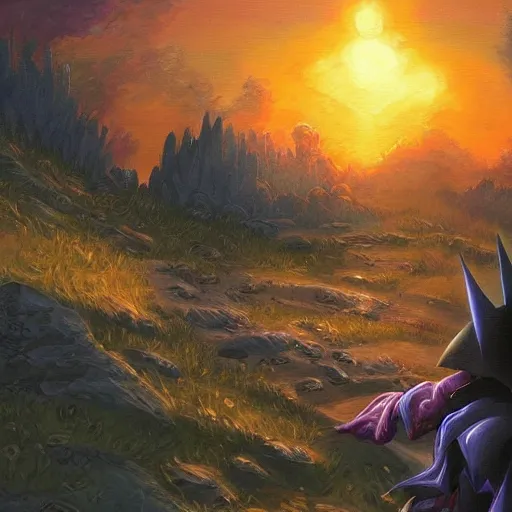 Image similar to painting of black mage!!!!!!! from final fantasy 9!!!!!, watching a purple and orange sunset!!, from the black mage cemetery!!!, in the style of justin gerard!!!!, pine trees, hilltop