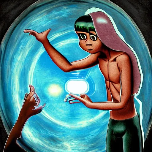 Image similar to A body art. A rip in spacetime. Did this device in his hand open a portal to another dimension or reality?! brown, Danny Phantom by Pamela Coleman Smith elaborate