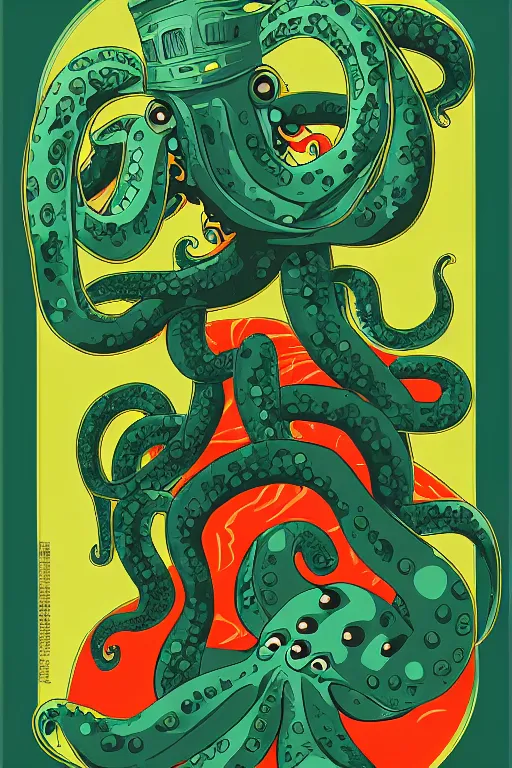 Prompt: a movie poster for the film (attack of the green octopus) by Tom Whalen, highly detailed, fantasy, artstation