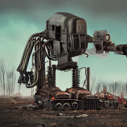 Image similar to giant scary treaded mining automated machine with drill, mining scrap metal, highly detailed body, retro, industrial, dark, dystopian, apocalyptic, clean, in the style of simon stalenhag, 8 5 mm f / 1. 4