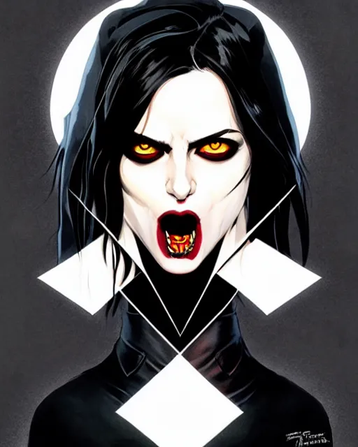 Image similar to rafael albuquerque comic art, peter mohrbacher, phil noto, steve niles, artgerm, pretty willa holland vampire sharp vampire teeth open mouth, symmetrical eyes, black leather jacket, jeans, long black hair