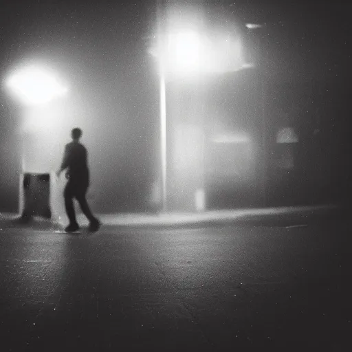 Image similar to an abstract photograph of a lonely male shadowy figure, there is a dark street with lanterns reflected on the ground, everything is underwater, motion blur, 35 mm, black-and-white