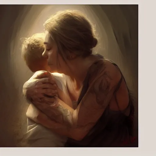 Prompt: epic masterpiece of cinematographic hyperrealism where a heart of love appears inside the heart there is a mother hugging her son. realistic shaded lighting poster by craig mallismo, artgerm, jeremy lipkin and michael garmash, unreal engine, radiant light, detailed and intricate environment, digital art, art station trends