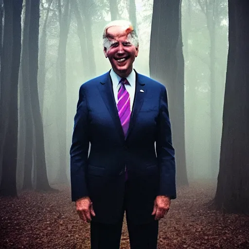 Image similar to joe biden with 4 arms standing ominously far in the foggy woods with a demonic wide smile in his face, iphone photo, creepy