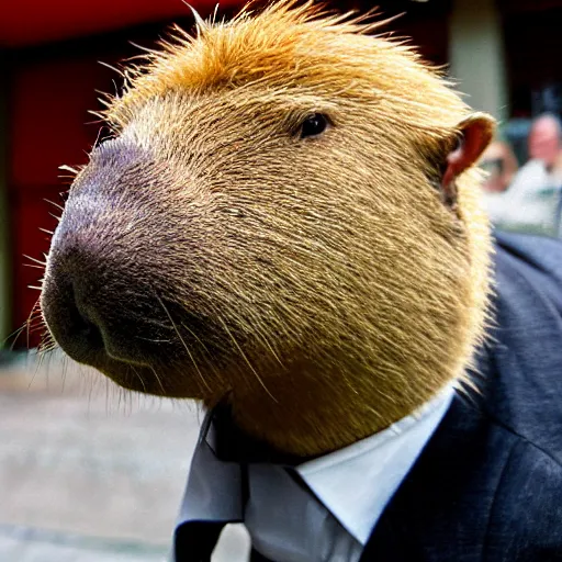 Prompt: capybara head, a man wearing a suit capybara head (smoking cigar)