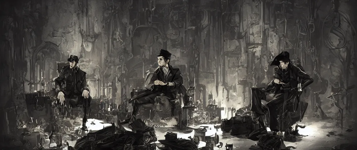 Prompt: duotone black and sepia background comic noir illustration emiel regis old classy vampire wearing leather clothes from wicther 3 silver hair and sideburns sitting in a crypt workshop. by sachin teng and sergey kolesov and ruan jia and heng z. graffiti art, scifi, fantasy, hyper detailed. octane render. concept art. trending on artstation