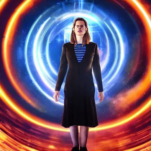 Image similar to a beautiful full body photograph of hayley atwell dressed as doctor who, time vortex in the background, symmetrical face, extreme realism and detail, 8 k, completely framed, direct lighting, 3 5 mm photo, photorealistic, sharp focus