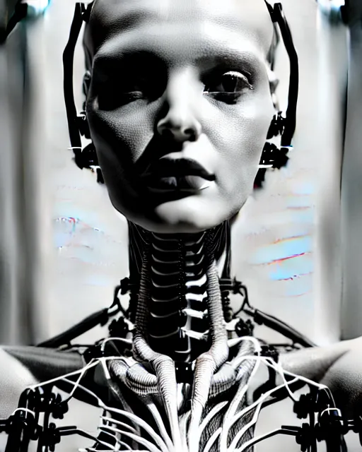 Prompt: black and white cyborg-plant goddess high quality fashion portrait, artificial intelligence, bio-mechanical bio-luminescence, artificial spider web, neurons, nerve cells, octane render, cinematic, hyper realism, high detail, 8k, in the style of Steven Meisel and Dora Maar and H.G. Giger
