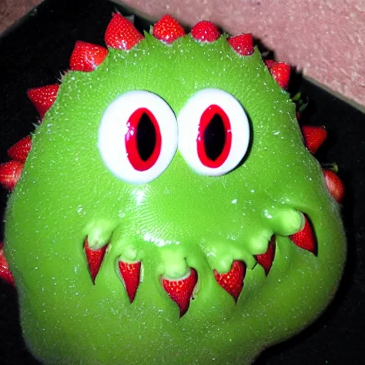 Image similar to strawberry creature with multiple eyes