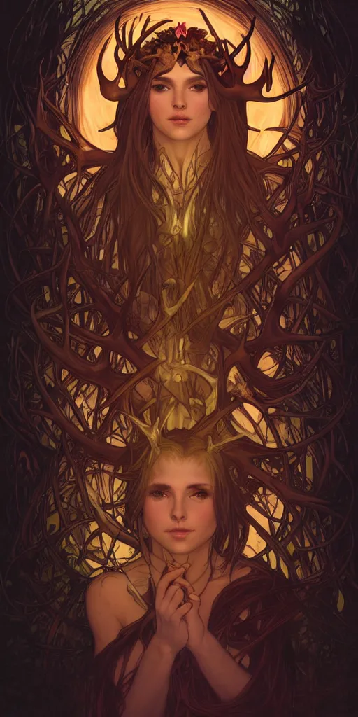 Image similar to intense bioluminescent glowing pagan god with antlers and tusks and pure black eyes in very dark forest by artgerm and alphonse mucha, portrait, fantasy, clear, light beams, lens flare, intense, uhd, amazing depth, cinematic lighting