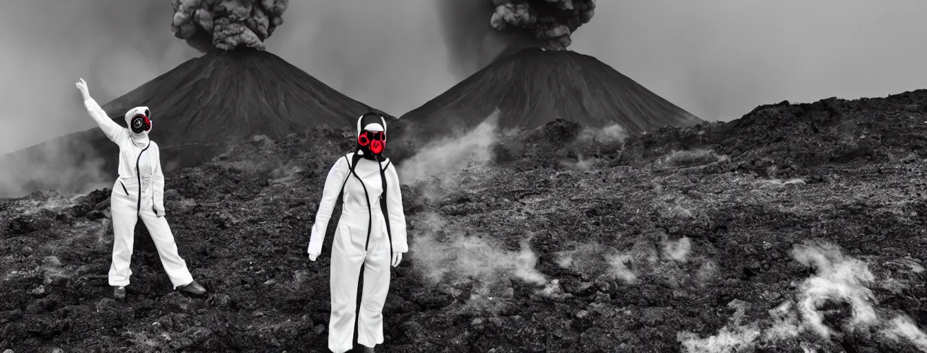 Image similar to woman with white suit, she wear red eyed gasmask, in volcano, standing close to volcano, fire raining, professional photography, black and white, cinematic, eerie