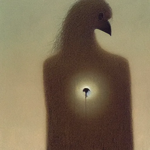 Image similar to young teen female, who has head of crow instead of human, painting by Beksinski