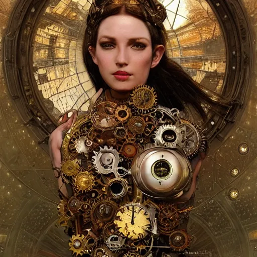 Prompt: A steampunk beautiful goddess, she half human and half android, she is embellished with gears wheels and gemstones, by William Holman Hunt, Greg Rutkowski, Stanely Artgerm, Tooth Wu, Peter Gric, Aaron Horkey, trending on Artstation, digital art, mythological, symmetrical artwork, cinematic lighting, hyper realism, high detail, octane render, ultra realistic, golden ratio, 4k, 8k