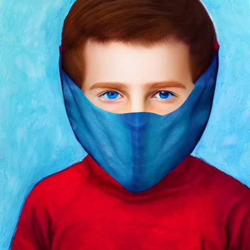 Image similar to a detailed portrait of a boy wearing a balaclava mask, blue eyes, art illustration, incredibly highly detailed and realistic, 8 k, sharp focus