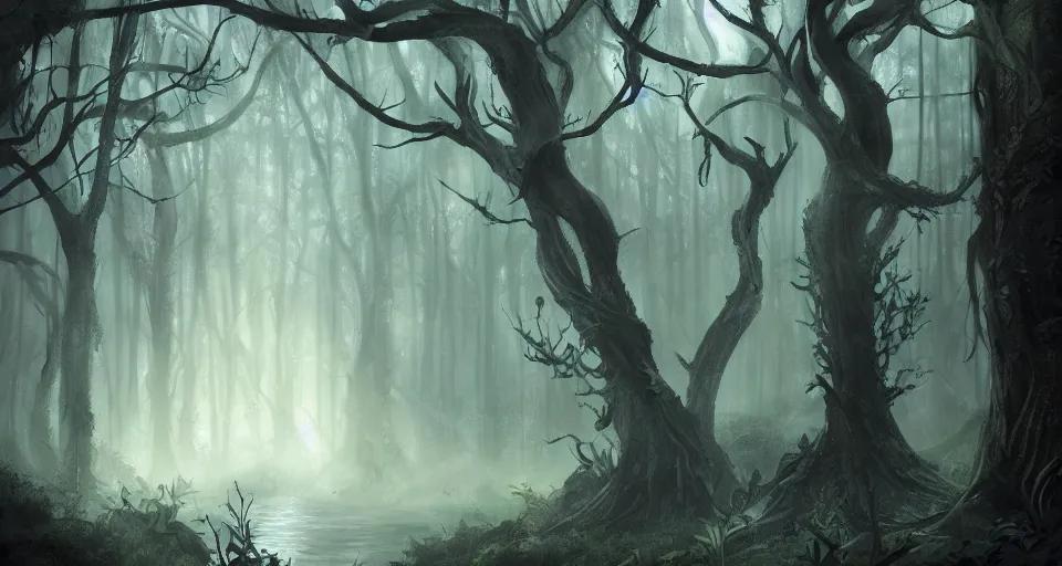 Image similar to A dense and dark enchanted forest with a swamp, by Charlie bowater