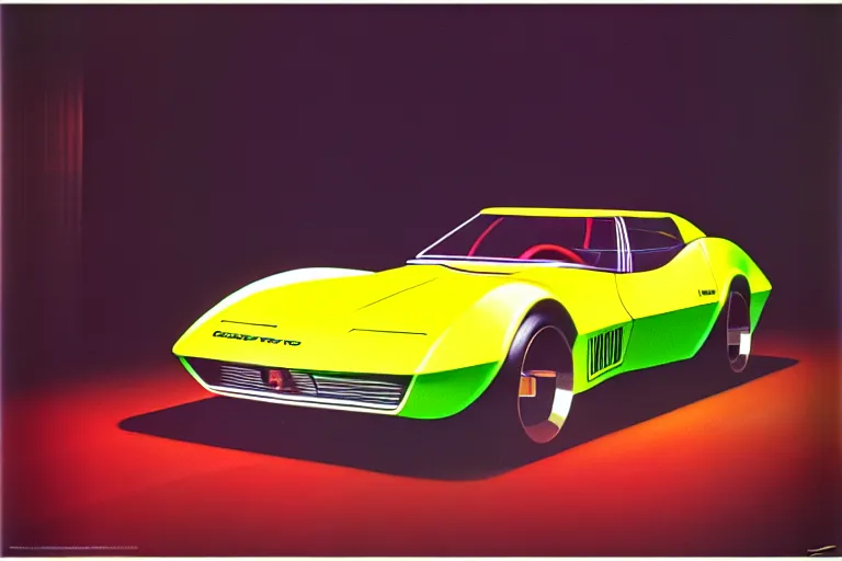 Prompt: designed by giorgetto giugiaro stylized poster of a single 1 9 6 9 corvette concept, thick neon lights, ektachrome photograph, volumetric lighting, f 8 aperture, cinematic eastman 5 3 8 4 film