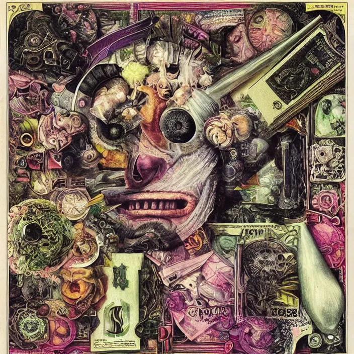 Image similar to new age album cover, asymmetrical design, dollar bank notes, capitalism, magic, psychedelic, black white pink, highly detailed, magic, giger h. r., giuseppe arcimboldo