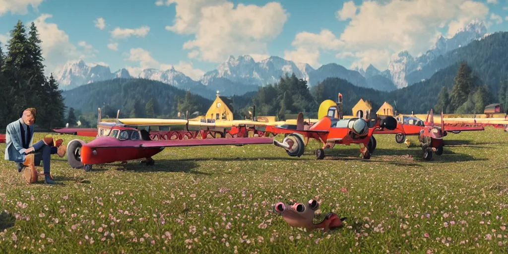 Image similar to a ultra photorealistic and sharp film still of an a sunny and colourful airfield in 1 9 1 6 in the middle of the bavarian alps, germany. wide shot, frog perspective, wes anderson, studio ghibli, pixar and disney animation, octane render, anime key art by greg rutkowski, dramatic lighting, award winning photography