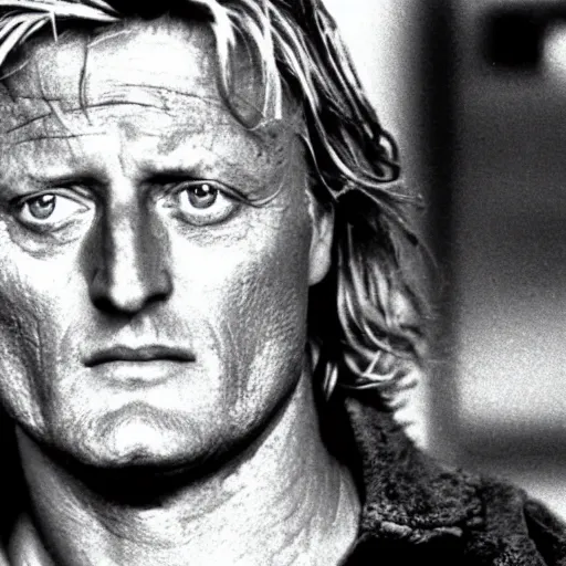 Prompt: rutger hauer in a military base, 1 9 8 7, blue, movie still