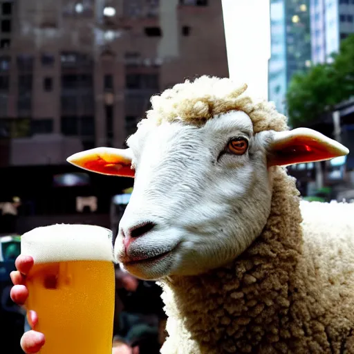 Prompt: sheep from 'Sheep in the Big City' drinking a beer. New York City.