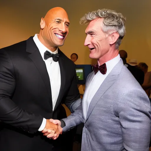 Prompt: dwayne the rock johnson shaking hands with bill nye the science guy