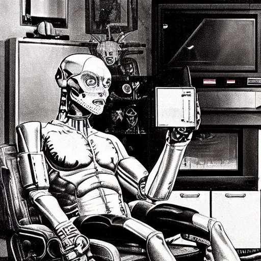 Image similar to Cyborg, posthuman, cybernetically augmented human, sitting in living room chair, watching black and white TV, drawn by Norman Rockwell
