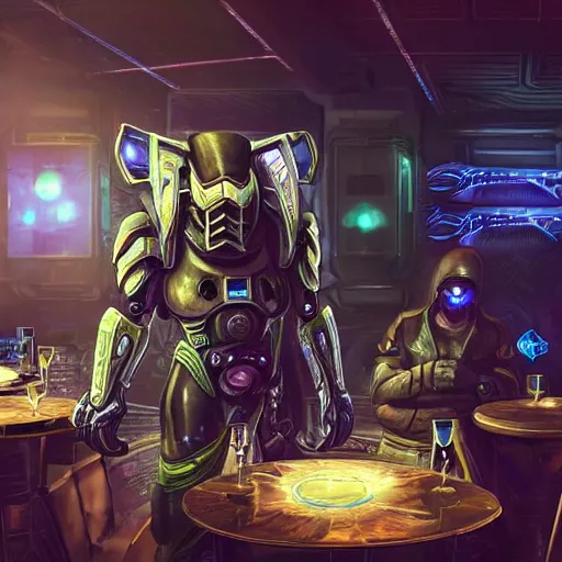 Image similar to high quality portrait of a starcraft Protoss Zealot in a cyberpunk cyberpunk cyberpunk cafe, realism, 8k, award winning photo