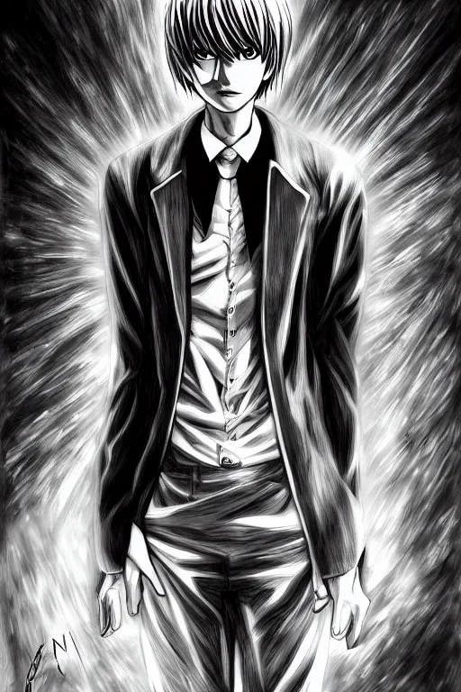 Image similar to light yagami, god of the new world, highly detailed, digital art, sharp focus, trending on art station, death note