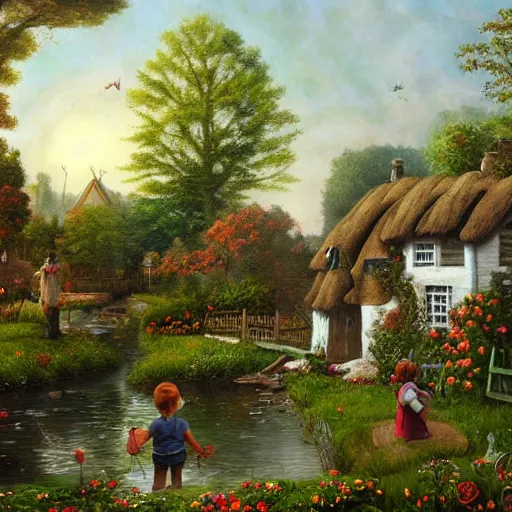 Prompt: folk art, old english cottage by a creek, flower garden, children playing in the yard, lowbrow, matte painting, 3 - d highly detailed, style of greg simkins